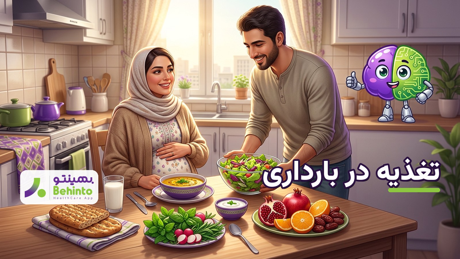 زن باردار ایرانی کنار سفره‌ای با سبزی، عدس، ماست و میوه برای تغذیه در بارداری